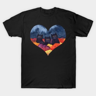 Black Cats Autumn Heart Watercolor T-Shirt